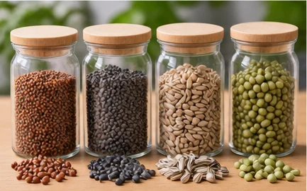 Quatre bocaux de graines pour pousses : radis, moutarde noire, tournesol, pois