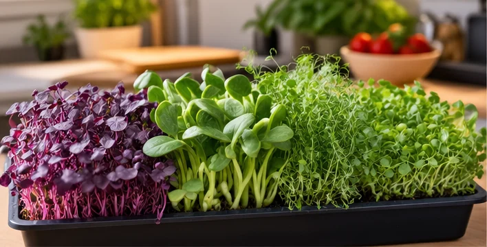 Plateau de micro-pousses colorées : radis violet, tournesol, pois et brocoli, sur un plan de travail de cuisine