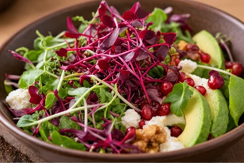 Salade avocat, fromage et noix décorée de micro-pousses de betterave et d’amarante