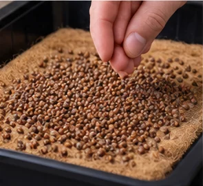 Main semant des graines de radis serrées sur un tapis de chanvre