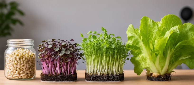 Quatre stades côte à côte : graines germées en bocal, micro-pousses, jeunes pousses et salade adulte