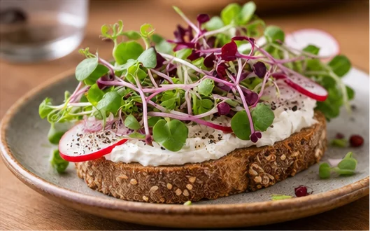 Tartine de pain complet au fromage frais garnie de micro-pousses et de lamelles de radis