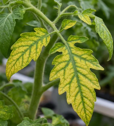 Feuille de tomate jaune entre les nervures restées vertes