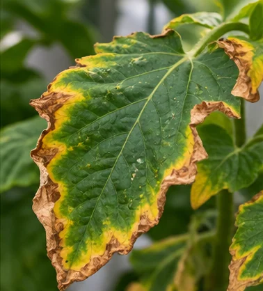 Feuille de tomate aux bords jaunis puis brûlés