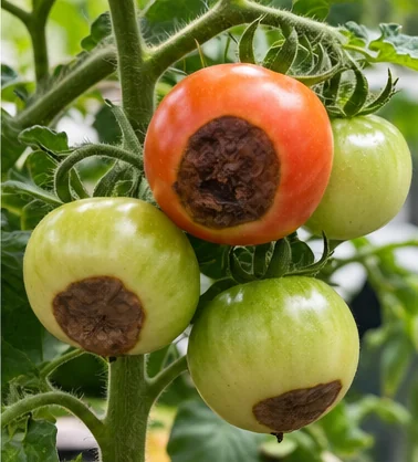 Tomates avec une tache brune et sèche à l’extrémité du fruit