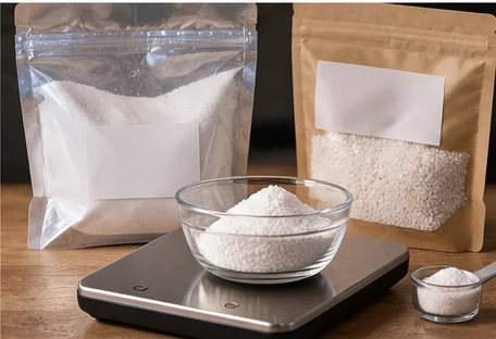 Sachets d’engrais en poudre et de nitrate de calcium, bol posé sur une balance de cuisine