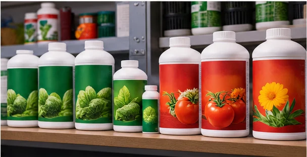 Rayon d’engrais : flacons verts de gamme croissance et flacons rouges de gamme floraison