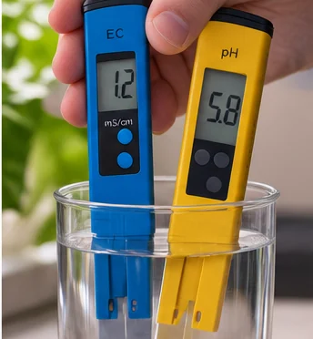 Testeur d’EC affichant 1,2 et pH-mètre affichant 5,8 plongés dans un verre de solution