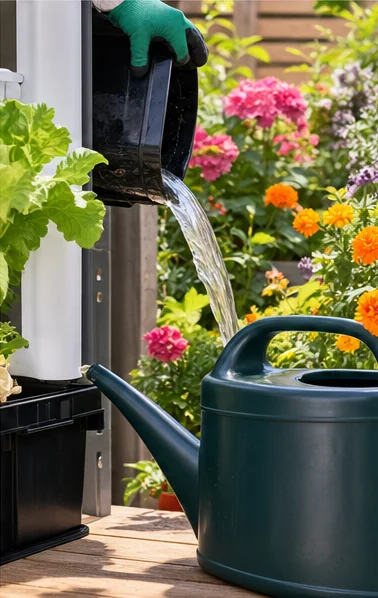 Solution usée vidée dans un arrosoir pour arroser un massif de fleurs