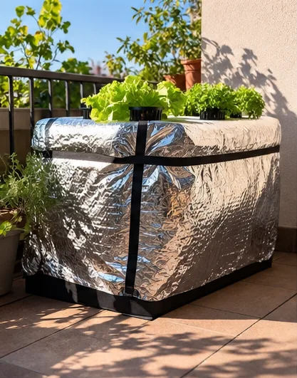 Bac de salades sur une terrasse ensoleillée, emballé dans un isolant réfléchissant argenté