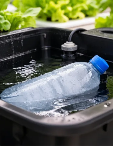 Bouteille d’eau congelée posée dans un bac hydroponique noir, près du tuyau du bulleur