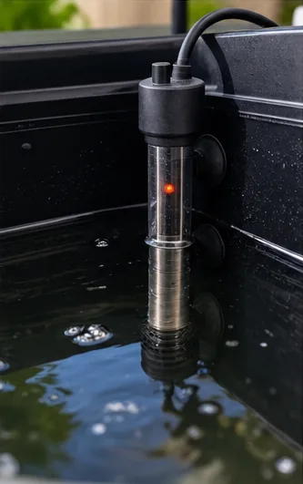 Chauffe-eau d’aquarium à thermostat, fixé par ventouses dans un réservoir, entièrement immergé, voyant allumé