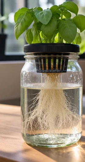 Bocal Kratky en verre avec un basilic : sous le panier, une couche d’air, puis des racines blanches qui plongent dans l’eau