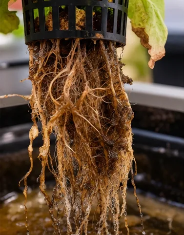 Salade aux feuilles qui jaunissent, soulevée hors d’un bac à l’eau trouble : racines brunes, clairsemées et abîmées