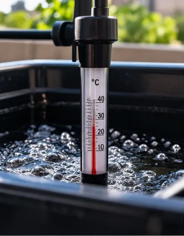 Thermomètre à alcool gradué de 10 à 40 °C, plongé dans un bac où l’eau bouillonne sous l’effet du bulleur