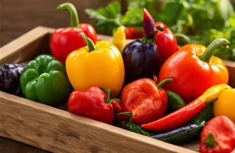Caisse de poivrons et piments récoltés