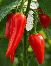 Piments rouges et fleurs sur le même plant