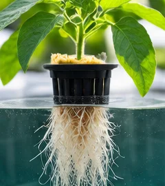 Plant de piment dans son panier, racines blanches dans l’eau