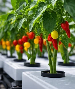 Plants de piments dans des pots hydroponiques alignés