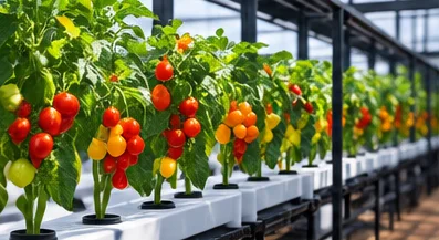 Serre de piments en hydroponie, rangs chargés de fruits