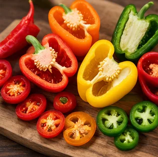 Poivrons et piments coupés, cloisons blanches visibles