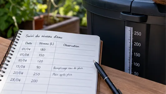 Carnet ouvert avec un tableau de suivi du niveau d’eau par date, posé devant une cuve graduée