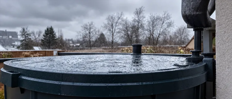 Cuve de récupération d’eau de pluie fermée, couvercle mouillé, sur une terrasse sous un ciel gris d’hiver, arbres sans feuilles au loin