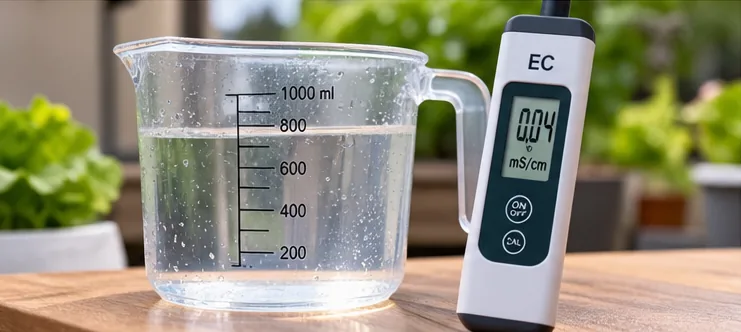 Verre doseur d’un litre rempli d’eau de pluie à côté d’un testeur EC affichant 0,04 mS/cm