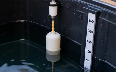 Jauge à flotteur blanc dans une cuve, à côté d’une réglette graduée de 50 à 250 litres