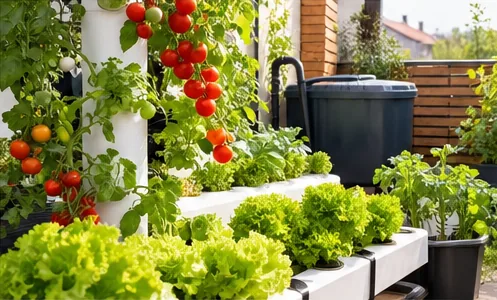 Terrasse avec tour hydroponique de tomates cerises, gouttières de salades et cuve d’eau de pluie en arrière-plan