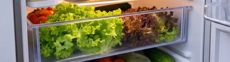 Bac à légumes de réfrigérateur rempli de laitues vertes et rouges fraîchement récoltées