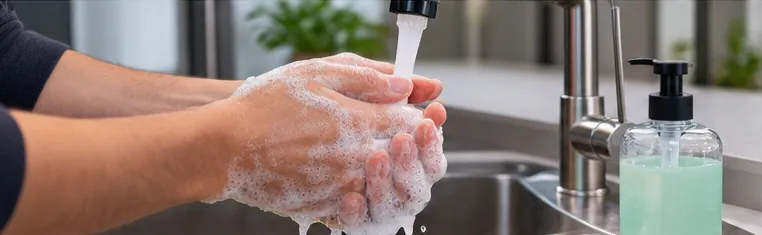 Mains savonnées sous le robinet d’un évier de cuisine, flacon de savon à côté