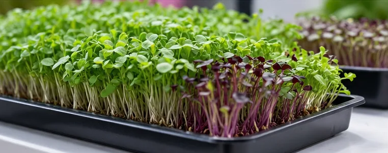 Plateau de micro-pousses vertes et violettes, dense et propre