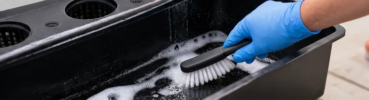 Main gantée brossant l’intérieur d’un bac hydroponique vide avec de l’eau savonneuse