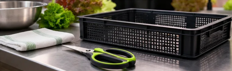 Plan de travail inox propre : caisse de récolte ajourée, ciseaux, torchon et saladier