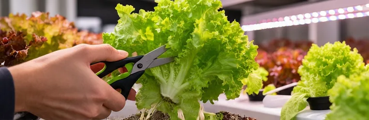 Main récoltant une laitue frisée avec des ciseaux propres, sous une rampe LED