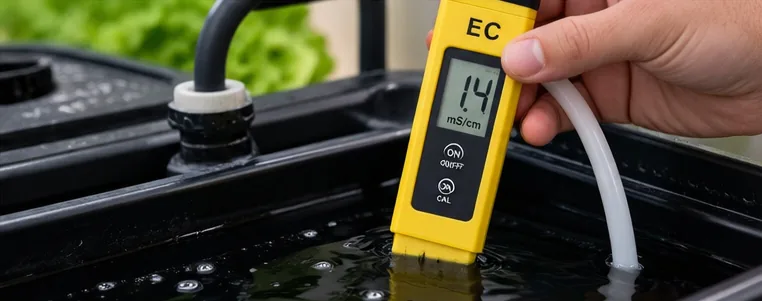 Testeur EC plongé dans la solution d’un bac hydroponique, affichant 1,4 mS/cm