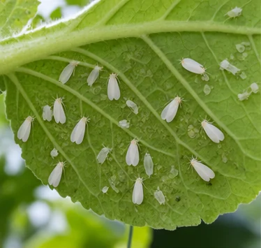 Aleurodes, petites mouches blanches, sous une feuille