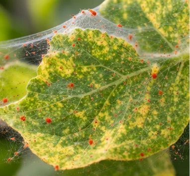 Feuille piquetée de jaune couverte de fines toiles et d’araignées rouges