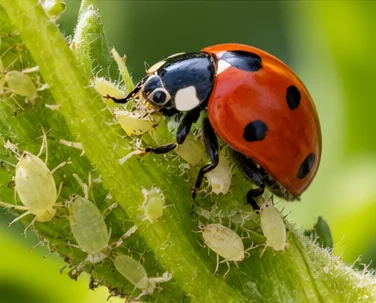 Coccinelle adulte dévorant des pucerons sur une tige