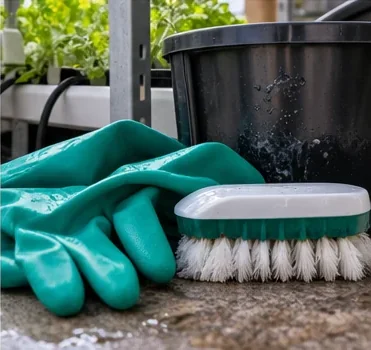 Gants, brosse et seau prêts pour le nettoyage