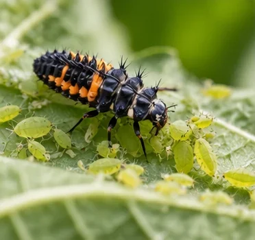 Larve de coccinelle noire et orange au milieu de pucerons