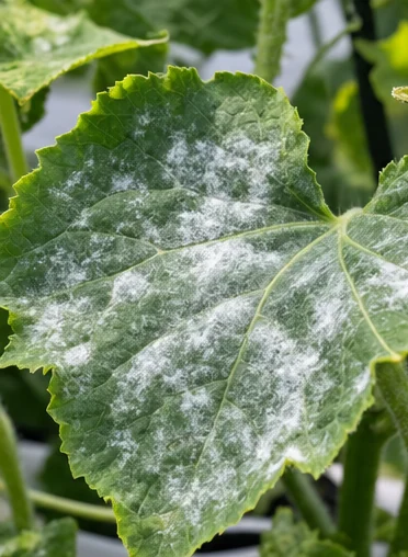 Feuille de courgette couverte d’un feutrage blanc poudreux d’oïdium