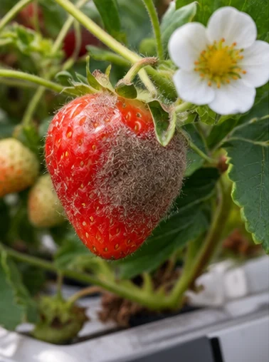 Fraise couverte d’un feutrage gris de pourriture grise