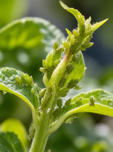 Colonie de pucerons verts sur une pointe tendre