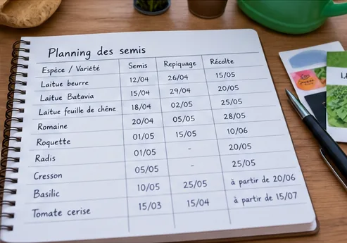 Carnet ouvert sur un tableau « Planning des semis » avec dates de semis, repiquage et récolte