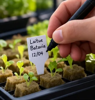 Main écrivant « Laitue Batavia 12/04 » sur une étiquette plantée dans un plateau de cubes de semis