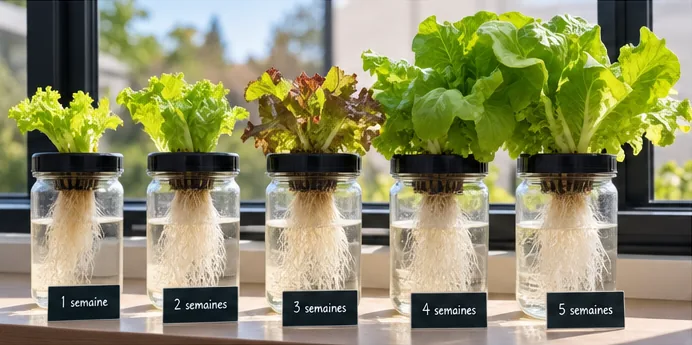 Cinq bocaux Kratky alignés sur un rebord de fenêtre, avec des salades de 1 à 5 semaines