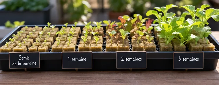 Plateau de cubes de semis divisé en quatre âges : semis de la semaine, 1, 2 et 3 semaines