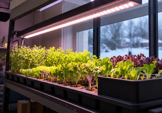 Étagère de culture en intérieur sous rampe LED, jeunes salades et herbes, neige derrière la fenêtre